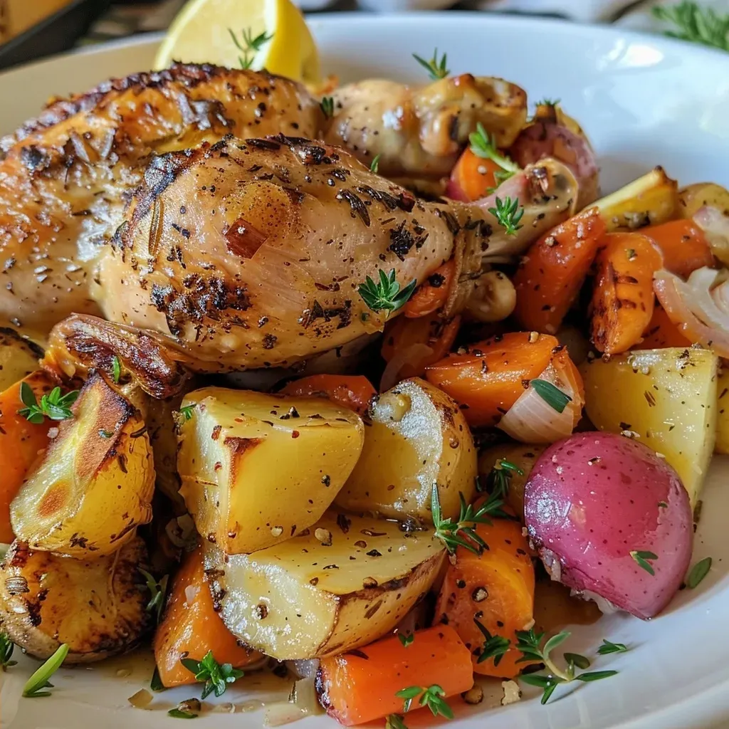 ['Close-up of a juicy roast chicken surrounded by colorful root vegetables.', 'A golden brown whole chicken on a platter with sliced carrots and cubed potatoes.', 'Side view of savory roast chicken with garlic, onions, and fresh herbs.', 'Hearty meal featuring roast chicken with vibrant root veggies and lemon halves.']