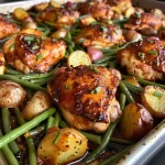 ['Close-up of juicy BBQ chicken thighs on a sheet pan with potatoes and green beans.', 'Side view of a vibrant sheet pan meal featuring BBQ chicken, potatoes, and fresh green beans.', 'Deliciously arranged BBQ chicken, golden potatoes, and green beans on a sheet pan.', 'Plate of succulent BBQ chicken with colorful vegetables, showcasing an appealing meal.']