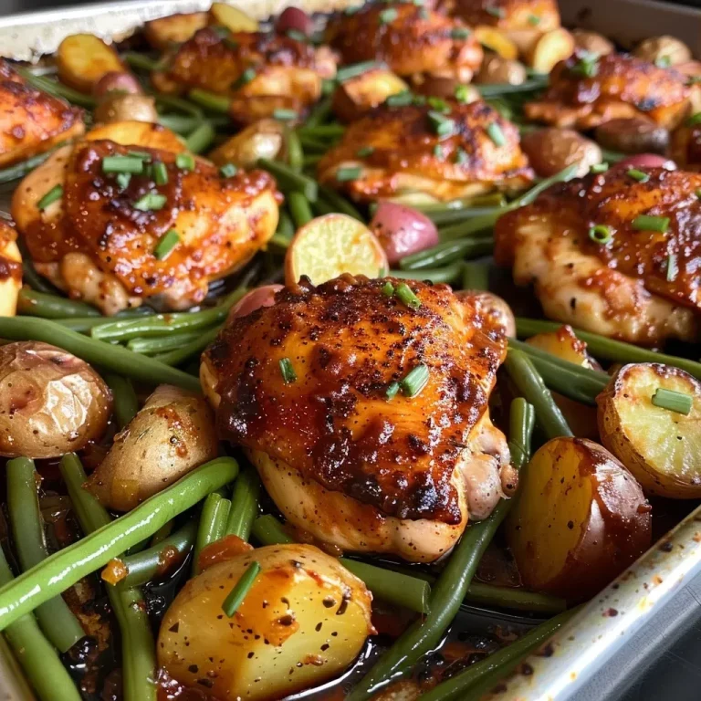 ['Close-up of juicy BBQ chicken thighs on a sheet pan with potatoes and green beans.', 'Side view of a vibrant sheet pan meal featuring BBQ chicken, potatoes, and fresh green beans.', 'Deliciously arranged BBQ chicken, golden potatoes, and green beans on a sheet pan.', 'Plate of succulent BBQ chicken with colorful vegetables, showcasing an appealing meal.']