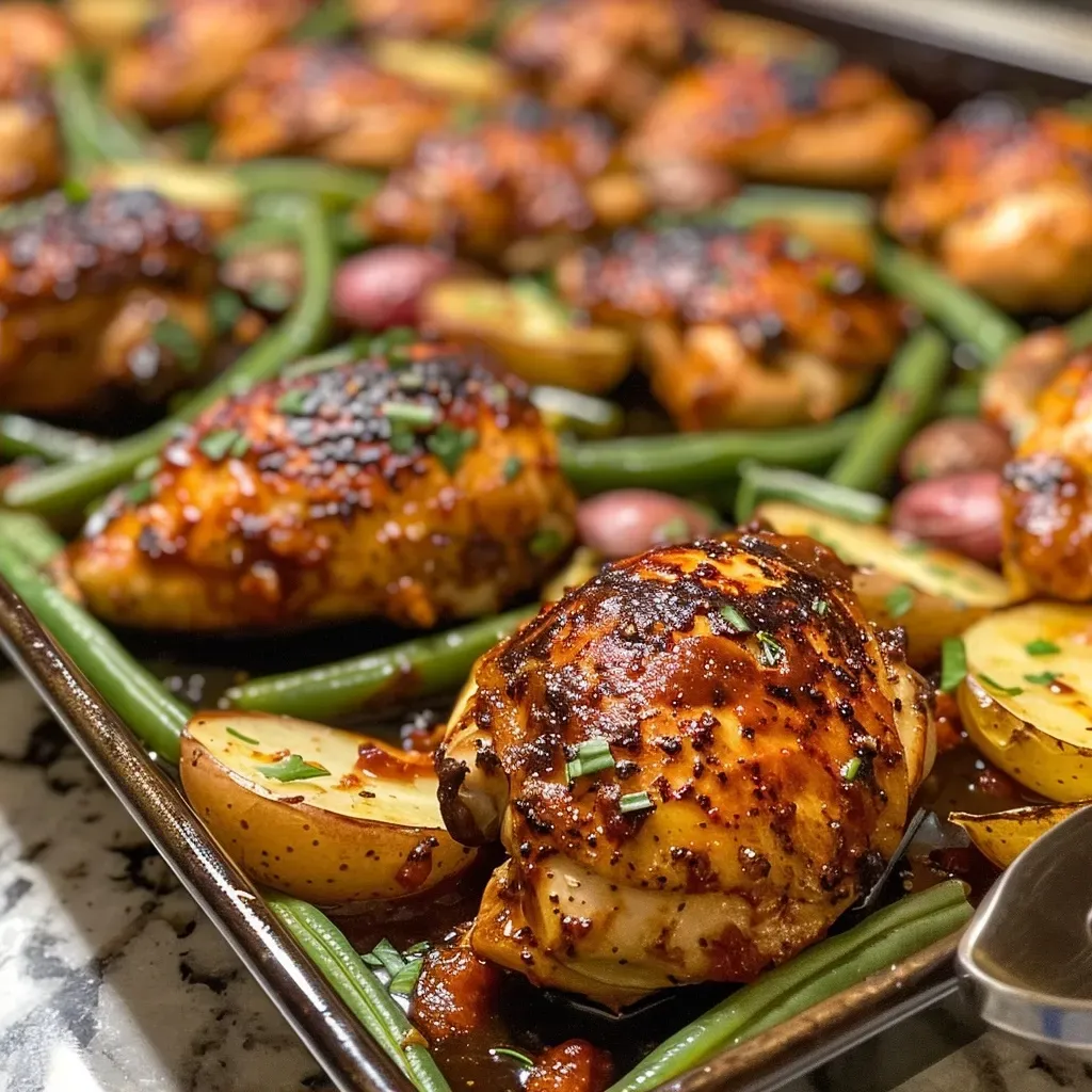['Close-up of juicy BBQ chicken thighs on a sheet pan with potatoes and green beans.', 'Side view of a vibrant sheet pan meal featuring BBQ chicken, potatoes, and fresh green beans.', 'Deliciously arranged BBQ chicken, golden potatoes, and green beans on a sheet pan.', 'Plate of succulent BBQ chicken with colorful vegetables, showcasing an appealing meal.']