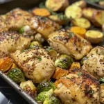 ['Juicy honey Dijon chicken breast pieces on a sheet pan with roasted Brussels sprouts and sweet potatoes.', 'Close-up of a colorful sheet pan meal featuring chicken, Brussels sprouts, and cubed sweet potatoes drizzled with sauce.', 'Side view of a vibrant tray filled with golden-brown honey Dijon chicken alongside green Brussels sprouts and orange sweet potatoes.', 'A delicious arrangement of honey Dijon chicken and colorful vegetables on a baking sheet ready to serve.']