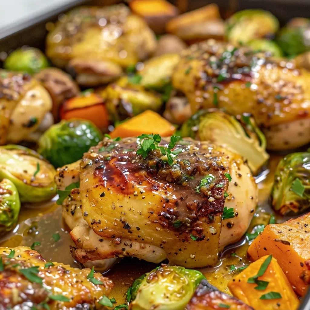 ['Juicy honey Dijon chicken breast pieces on a sheet pan with roasted Brussels sprouts and sweet potatoes.', 'Close-up of a colorful sheet pan meal featuring chicken, Brussels sprouts, and cubed sweet potatoes drizzled with sauce.', 'Side view of a vibrant tray filled with golden-brown honey Dijon chicken alongside green Brussels sprouts and orange sweet potatoes.', 'A delicious arrangement of honey Dijon chicken and colorful vegetables on a baking sheet ready to serve.']
