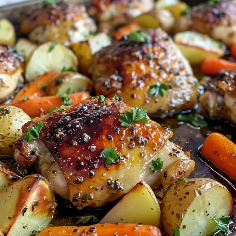 ['Close-up view of honey mustard chicken thighs with potatoes and carrots on a sheet pan.', 'Juicy chicken thighs marinated in honey mustard, surrounded by vegetables.', 'Sheet pan filled with golden-brown chicken thighs and vibrant roasted veggies.', 'Side view of a delicious honey mustard chicken dish ready to serve.']