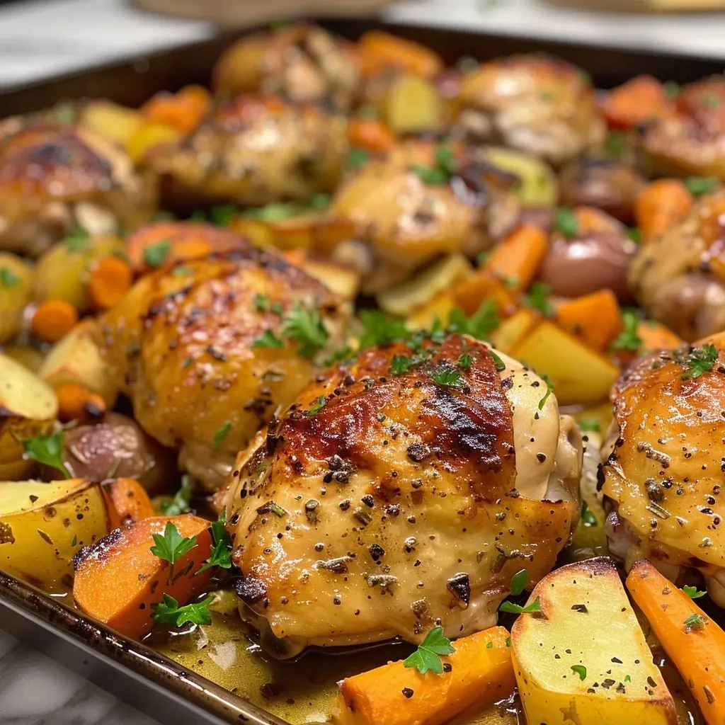 Close-up view of honey mustard chicken thighs with potatoes and carrots on a sheet pan.
