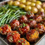 ['Close-up of juicy meatballs surrounded by green beans and baby gold potatoes on a sheet pan.', 'A vibrant sheet pan meal featuring meatballs, fresh green beans, and golden potatoes.', 'Side view of a sheet pan filled with hearty meatballs, green beans, and halved baby potatoes.', 'A beautifully arranged dish of meatballs, potatoes, and green beans cooked together on a sheet pan.']