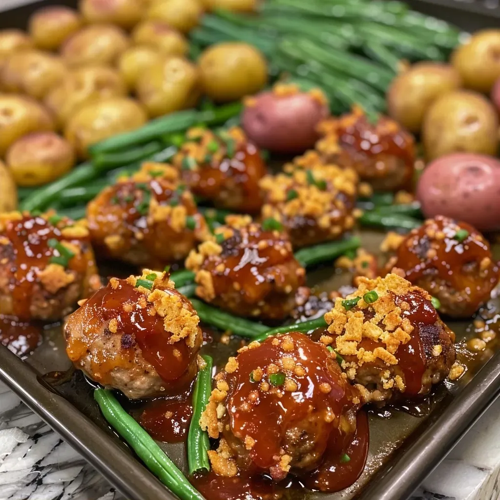 ['Close-up of juicy meatballs surrounded by green beans and baby gold potatoes on a sheet pan.', 'A vibrant sheet pan meal featuring meatballs, fresh green beans, and golden potatoes.', 'Side view of a sheet pan filled with hearty meatballs, green beans, and halved baby potatoes.', 'A beautifully arranged dish of meatballs, potatoes, and green beans cooked together on a sheet pan.']