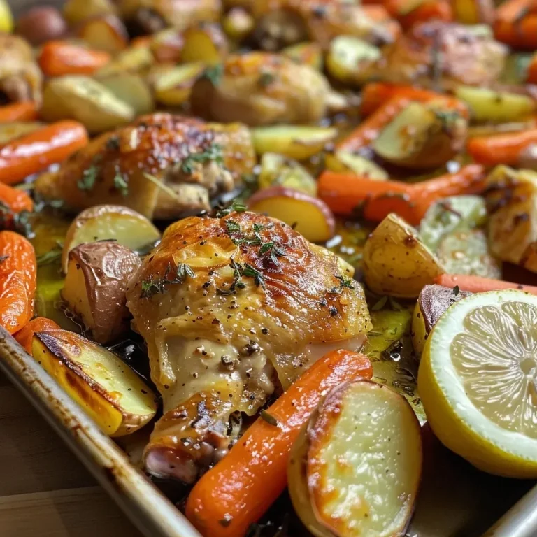 ['Juicy roast chicken thighs with golden skin next to halved baby potatoes and cut carrots on a sheet pan.', 'Close-up of succulent chicken thighs resting on a sheet pan with colorful vegetables, showcasing a savory meal.', 'Side view of aromatic chicken thighs surrounded by vibrant halved potatoes and carrot sticks, ready to serve.', 'Appetizing sheet pan meal featuring crispy chicken thighs, baby potatoes, and carrot sticks arranged neatly.']