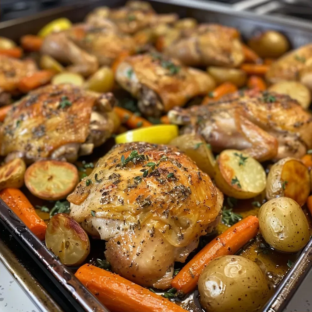 Juicy roast chicken thighs with golden skin next to halved baby potatoes and cut carrots on a sheet pan.