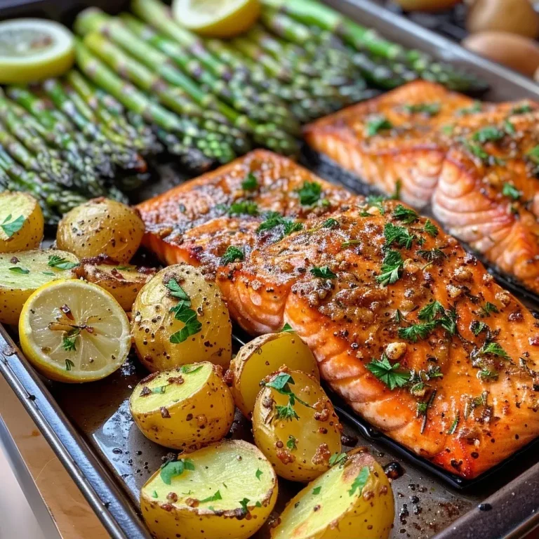 ['Close-up view of sheet pan salmon fillets with asparagus and crispy smashed potatoes.', 'Juicy salmon fillets with bright green asparagus and golden, crispy potatoes on a sheet pan.', 'Side view of a delicious meal featuring salmon, asparagus, and smashed potatoes, garnished with lemon.', 'Close-up of salmon and asparagus dish with crispy potatoes, showcasing vibrant colors and textures.']