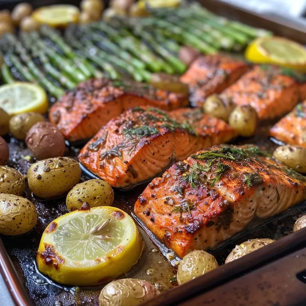 ['Close-up of juicy salmon fillets with asparagus on a sheet pan.', 'A vibrant display of cooked salmon and asparagus on a baking sheet.', 'Golden-brown salmon fillets beside fresh green asparagus.', 'Side view of roasted salmon and asparagus garnished with lemon slices.']