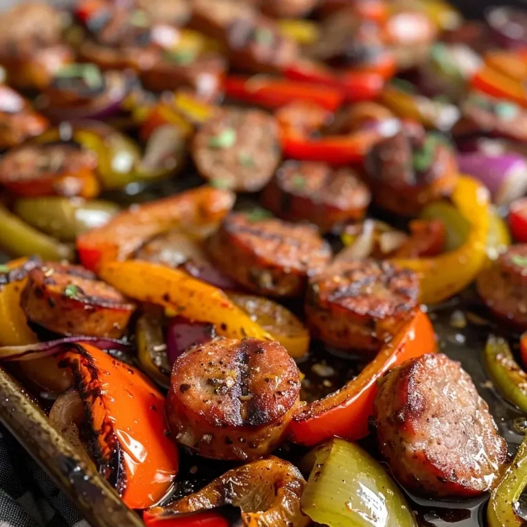 ['Close-up side view of a colorful sheet pan filled with sausage and peppers.', 'Juicy sliced sausage resting on a bed of vibrant red and green bell peppers and onions.', 'A mix of cooked sausage slices alongside sliced bell peppers and onions on a sheet pan.', 'An appetizing arrangement of sausage and peppers, highlighting their rich colors and textures.']
