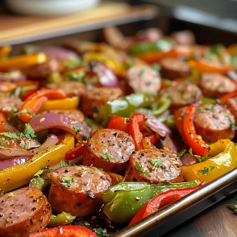 ['Close-up of a sheet pan filled with juicy sausage links and colorful sliced bell peppers.', 'Side view of a sheet pan sausage and pepper dish, showcasing vibrant vegetables and glistening sausage.', 'A delicious arrangement of cooked Italian sausage and sliced peppers on a baking sheet.', 'Juicy sausages and mixed bell peppers displayed on a sheet pan, ready to serve.']