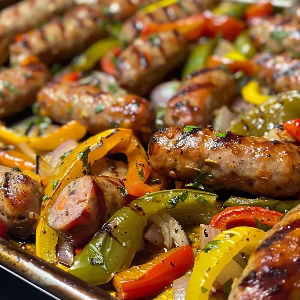 ['Close-up of a sheet pan filled with juicy sausage links and colorful sliced bell peppers.', 'Side view of a sheet pan sausage and pepper dish, showcasing vibrant vegetables and glistening sausage.', 'A delicious arrangement of cooked Italian sausage and sliced peppers on a baking sheet.', 'Juicy sausages and mixed bell peppers displayed on a sheet pan, ready to serve.']