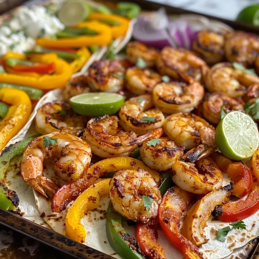 ['Close-up of colorful shrimp fajitas on a sheet pan, garnished with lime wedges and cilantro.', 'Juicy shrimp with sliced bell peppers and onions on a baking sheet ready to serve.', 'Side view of vibrant shrimp fajitas, featuring a mix of bell peppers and flour tortillas.', 'Loaded sheet pan with shrimp fajitas, topped with lime wedges and accompaniments.']