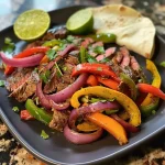 ['Close-up of sizzling sheet pan steak fajitas with colorful bell peppers and onions.', 'Juicy steak fajitas on a sheet pan, garnished with lime wedges and cilantro.', 'Side view of a hearty combination of steak strips and bell peppers, served on a platter.', 'Vibrant array of steak fajitas with tortilla wraps and fresh ingredients showcased on a table.']