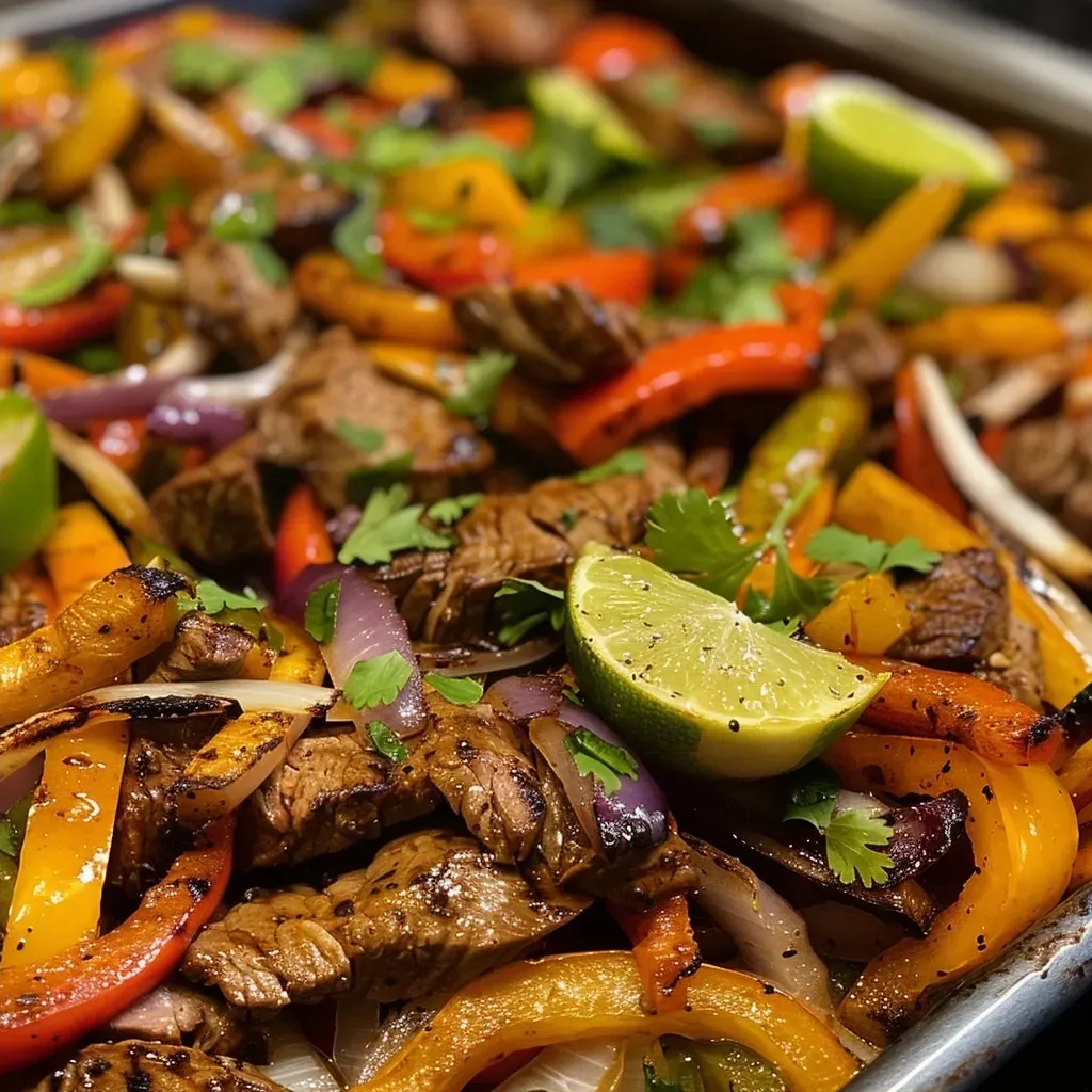 ['Close-up of sizzling sheet pan steak fajitas with colorful bell peppers and onions.', 'Juicy steak fajitas on a sheet pan, garnished with lime wedges and cilantro.', 'Side view of a hearty combination of steak strips and bell peppers, served on a platter.', 'Vibrant array of steak fajitas with tortilla wraps and fresh ingredients showcased on a table.']