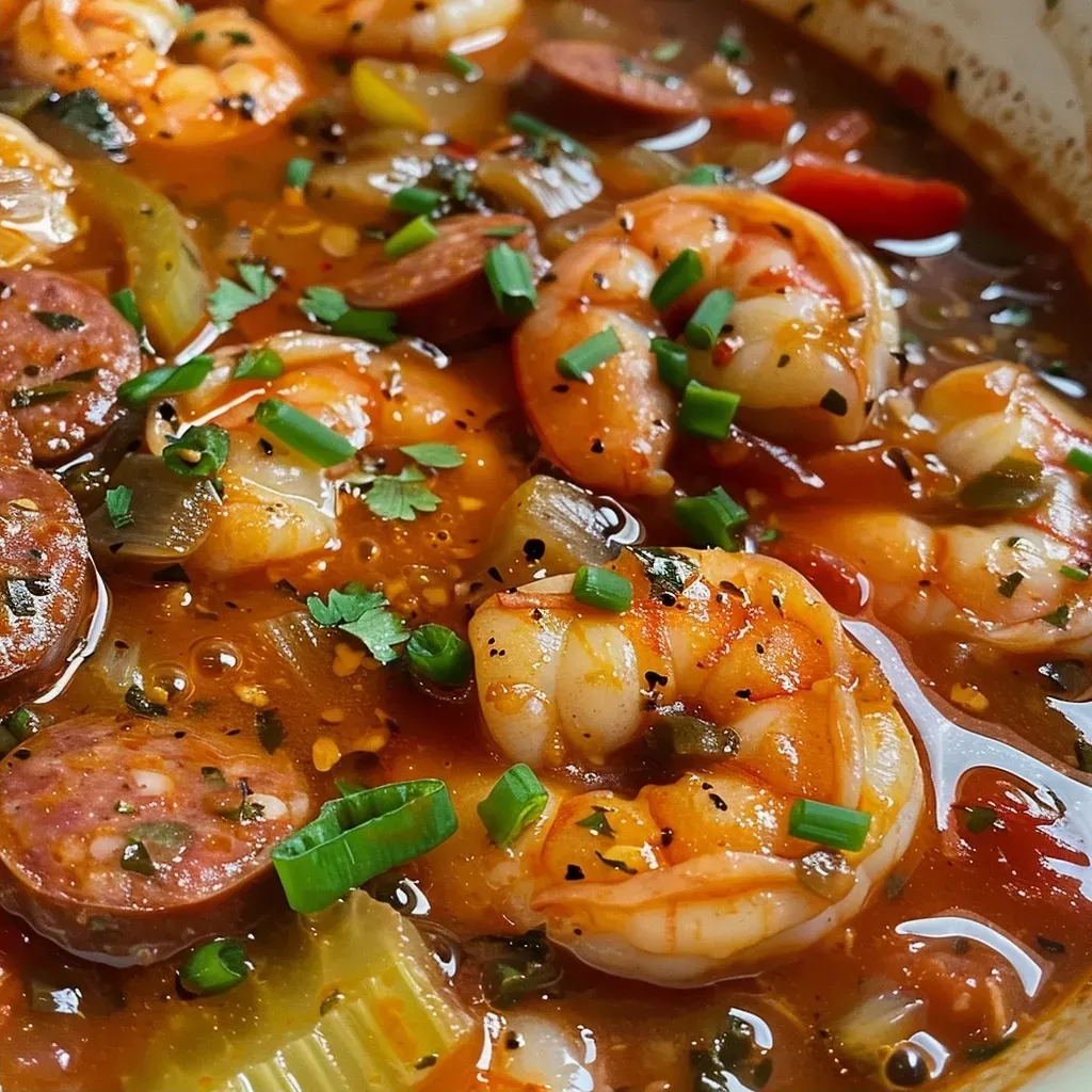 ['Close-up view of a bowl of Shrimp and Sausage Gumbo, showing vibrant shrimp and sausage pieces in thick broth.', 'A side view of a hearty Shrimp and Sausage Gumbo in a bowl, highlighting juicy shrimp and sliced sausage.', 'Detailed close-up of a delicious Shrimp and Sausage Gumbo, featuring colorful vegetables and spices.', 'Bowl of flavorful Shrimp and Sausage Gumbo, with individual shrimp and sausage slices visible in rich broth.']