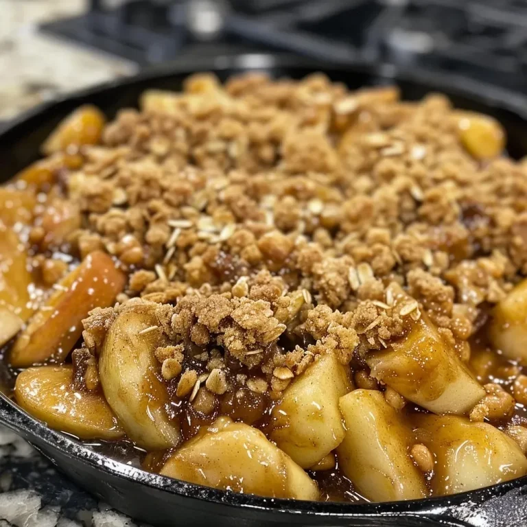 ['Close-up of a warm Skillet Apple Crisp with a golden-brown topping.', 'Side view of a freshly baked Skillet Apple Crisp in a cast iron skillet.', 'Juicy apple filling and crumbly topping of Skillet Apple Crisp showcased in detail.', 'Delicious Skillet Apple Crisp, featuring melted butter and sweet cinnamon aroma.']
