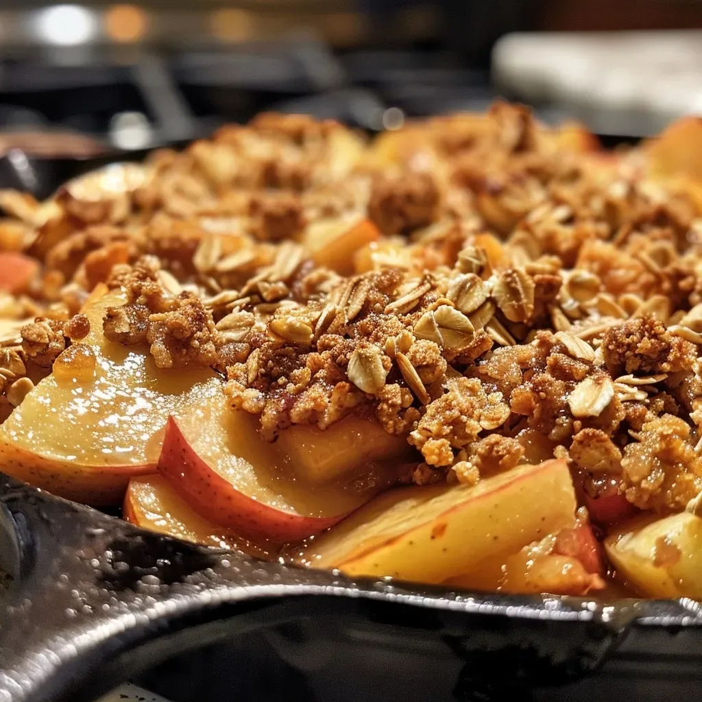 ['Close-up of a warm Skillet Apple Crisp with a golden-brown topping.', 'Side view of a freshly baked Skillet Apple Crisp in a cast iron skillet.', 'Juicy apple filling and crumbly topping of Skillet Apple Crisp showcased in detail.', 'Delicious Skillet Apple Crisp, featuring melted butter and sweet cinnamon aroma.']