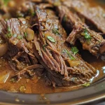 ['Close-up view of slow cooker barbacoa, showcasing tender beef chunks in a rich sauce.', 'Juicy barbacoa served in a bowl, highlighting vibrant toppings and a savory appearance.', 'Side angle of slow-cooked barbacoa with visible spices and herbs, emphasizing its delicious texture.', 'Rich, flavorful slow cooker barbacoa captured in detail, featuring fresh ingredients and sauces.']
