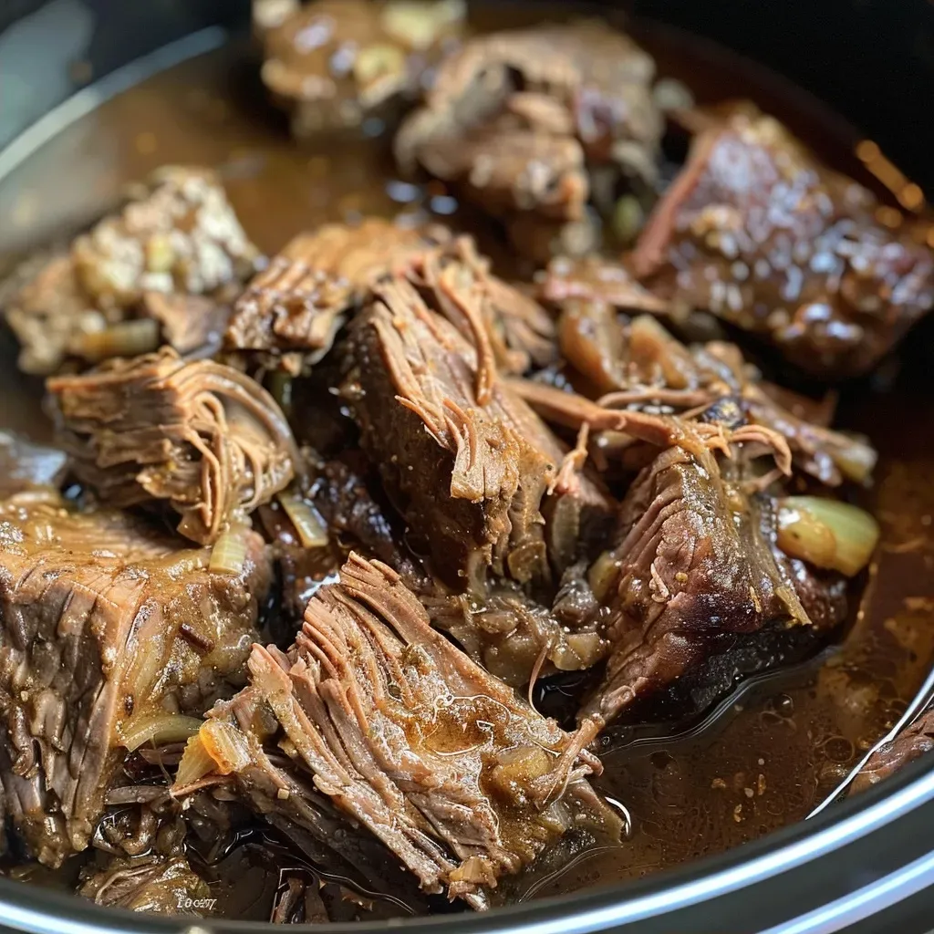 ['Close-up view of slow cooker barbacoa, showcasing tender beef chunks in a rich sauce.', 'Juicy barbacoa served in a bowl, highlighting vibrant toppings and a savory appearance.', 'Side angle of slow-cooked barbacoa with visible spices and herbs, emphasizing its delicious texture.', 'Rich, flavorful slow cooker barbacoa captured in detail, featuring fresh ingredients and sauces.']