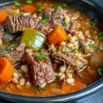 ['Close-up view of a bowl of Slow Cooker Beef and Barley Soup with hearty ingredients.', 'Side view of a steaming bowl of beef and barley soup, showcasing chunks of meat and vegetables.', 'Detailed shot of rich beef and barley soup, emphasizing the texture and color of the ingredients.', 'Close-up of Slow Cooker Beef and Barley Soup, highlighting the fresh garnishes and broth.']