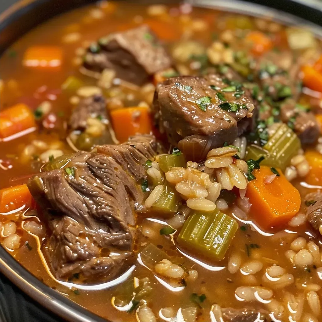 ['Close-up view of a bowl of Slow Cooker Beef and Barley Soup with hearty ingredients.', 'Side view of a steaming bowl of beef and barley soup, showcasing chunks of meat and vegetables.', 'Detailed shot of rich beef and barley soup, emphasizing the texture and color of the ingredients.', 'Close-up of Slow Cooker Beef and Barley Soup, highlighting the fresh garnishes and broth.']
