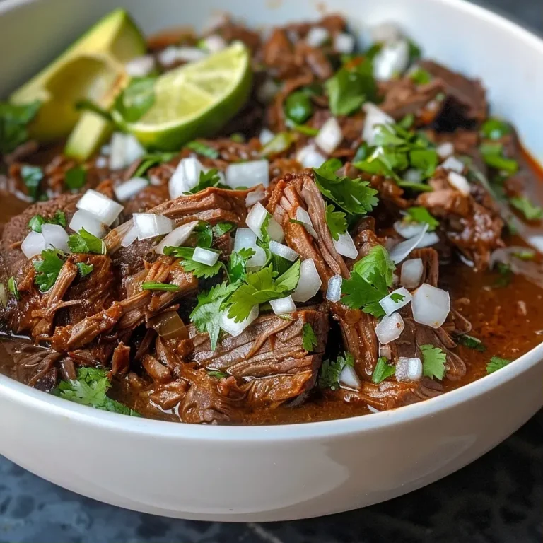 ['Close-up view of Slow Cooker Beef Barbacoa with garnishes.', 'Juicy beef barbacoa in a bowl, showcasing rich textures and ingredients.', 'Side view of tender Slow Cooker Beef Barbacoa served with tortillas.', 'Detailed image of succulent beef barbacoa, highlighting spices and herbs.']