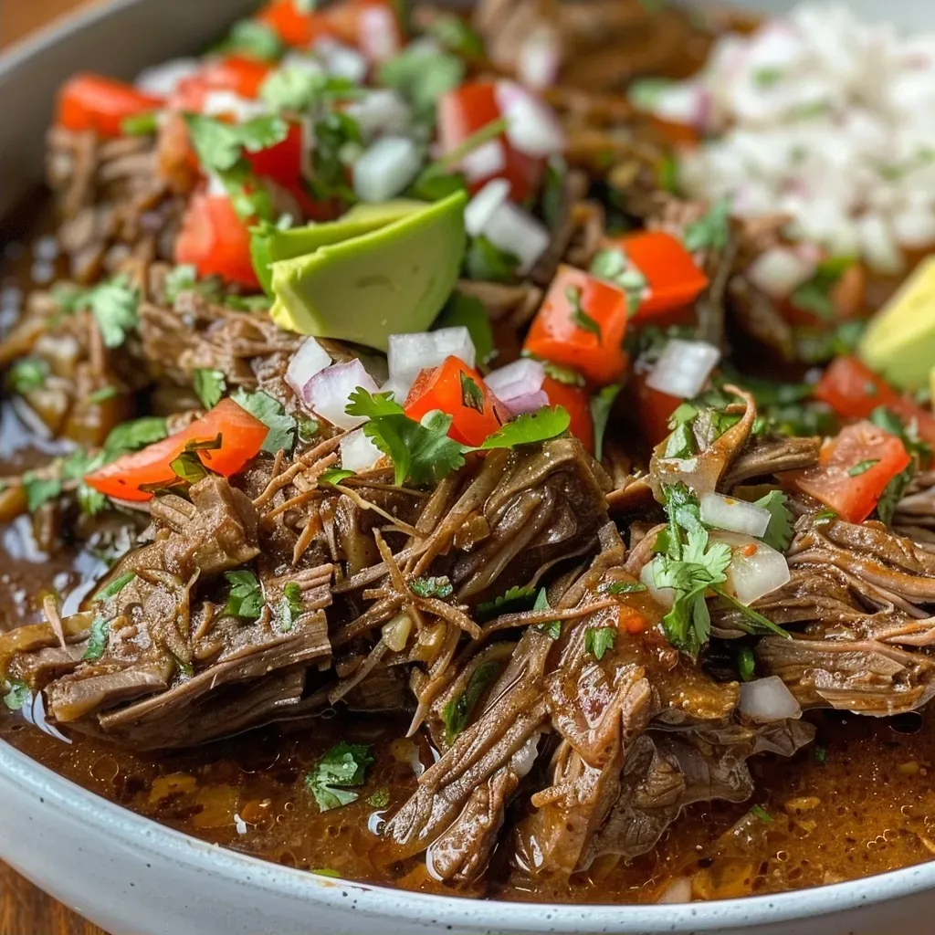 ['Close-up view of Slow Cooker Beef Barbacoa with garnishes.', 'Juicy beef barbacoa in a bowl, showcasing rich textures and ingredients.', 'Side view of tender Slow Cooker Beef Barbacoa served with tortillas.', 'Detailed image of succulent beef barbacoa, highlighting spices and herbs.']