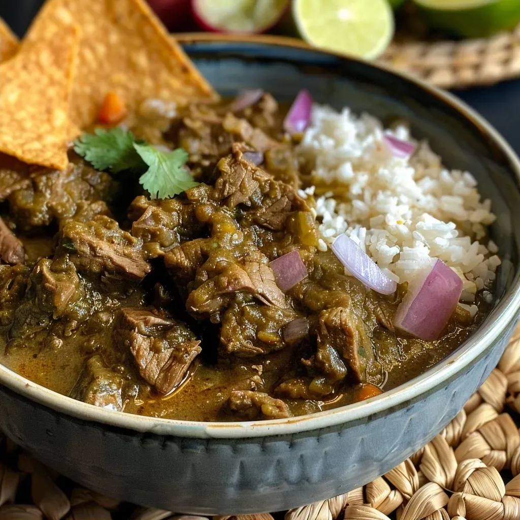 ['Close-up view of a bowl of Slow Cooker Beef Chile Verde with green sauce.', 'Juicy Beef Chile Verde served in a rustic bowl garnished with fresh cilantro and lime.', 'A side perspective of a hearty Slow Cooker Beef Chile Verde with toppings of avocado and carrots.', 'Delicious Slow Cooker Beef Chile Verde in a bowl, showcasing tender beef and vibrant green sauce.']