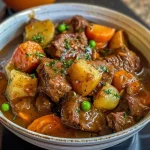 ['A close-up view of a rich, hearty beef stew in a ceramic bowl.', 'Side angle of a bowl filled with savory slow cooker beef stew, garnished with herbs.', 'Juicy beef stew with visible vegetables and herbs, displayed in an inviting manner.', 'A detailed view of slow cooker beef stew, highlighting the tender meat and colorful vegetables.']