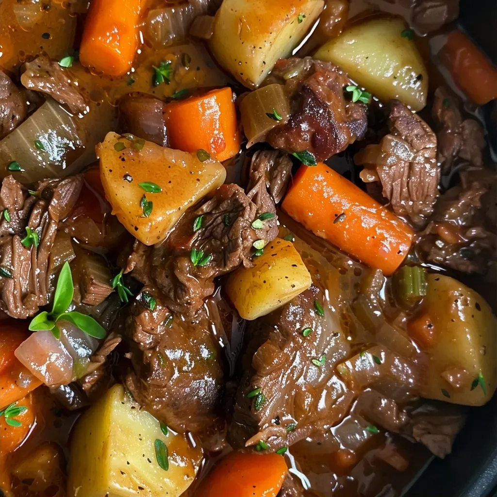 ['A close-up view of a rich, hearty beef stew in a ceramic bowl.', 'Side angle of a bowl filled with savory slow cooker beef stew, garnished with herbs.', 'Juicy beef stew with visible vegetables and herbs, displayed in an inviting manner.', 'A detailed view of slow cooker beef stew, highlighting the tender meat and colorful vegetables.']