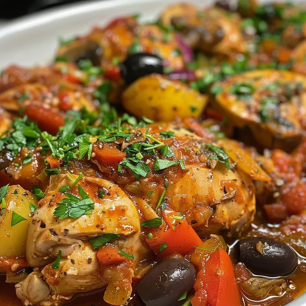 ['Close-up view of Slow Cooker Chicken Cacciatore with vibrant vegetables and herbs.', 'Juicy chicken thighs and colorful veggies in a bowl of Chicken Cacciatore.', 'Detailed side angle of Slow Cooker Chicken Cacciatore showcasing rich sauce and ingredients.', 'A serving of Slow Cooker Chicken Cacciatore filled with vibrant peppers and herbs.']