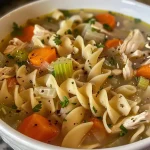 ['Close-up view of a bowl of Slow Cooker Chicken Noodle Soup, featuring chicken, noodles, and vegetables.', 'Side angle of delicious chicken noodle soup in a rustic bowl with visible pasta and herbs.', 'Close-up image of hearty chicken noodle soup, showcasing colorful carrots, celery, and tender chicken pieces.', 'A vibrant bowl of Slow Cooker Chicken Noodle Soup with steam rising, highlighting the ingredients.']
