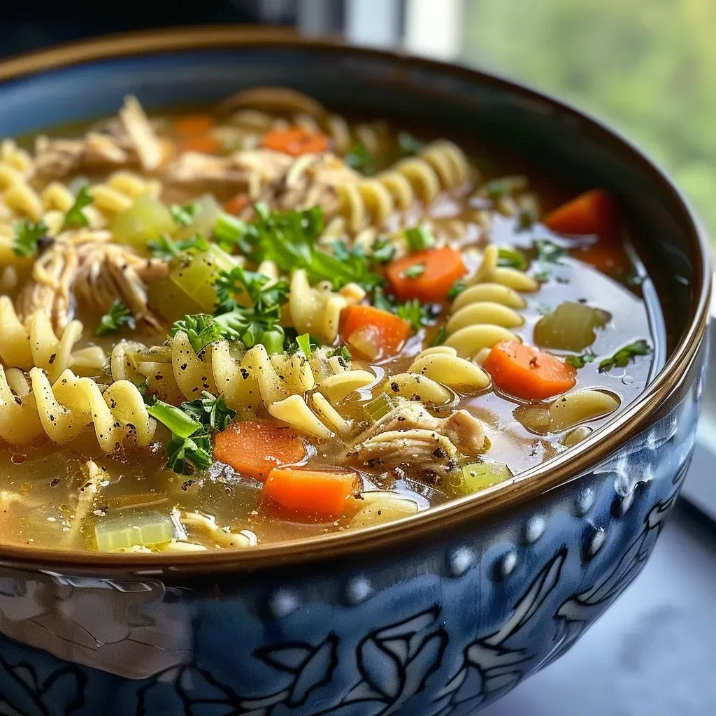 Close-up view of a bowl of Slow Cooker Chicken Noodle Soup, featuring chicken, noodles, and vegetables.