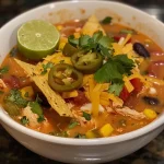 ['Close-up view of a bowl of Slow Cooker Chicken Tortilla Soup with vibrant colors.', 'Side photo of a steaming bowl filled with chicken, corn, and tortilla strips.', 'Juicy chicken tortilla soup garnished with cilantro and cheese in a bowl.', 'Delicious slow cooker soup featuring black beans and colorful toppings in a side view.']