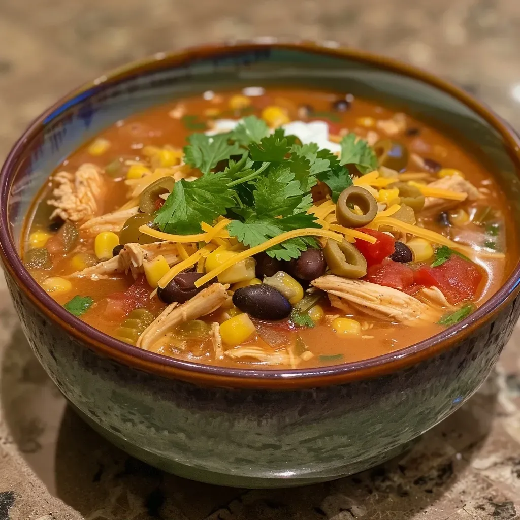 ['Close-up view of a bowl of Slow Cooker Chicken Tortilla Soup with vibrant colors.', 'Side photo of a steaming bowl filled with chicken, corn, and tortilla strips.', 'Juicy chicken tortilla soup garnished with cilantro and cheese in a bowl.', 'Delicious slow cooker soup featuring black beans and colorful toppings in a side view.']