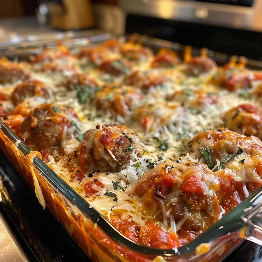 ['Close-up view of a Slow Cooker Meatball Casserole with melted cheese.', 'Side view of a hearty Slow Cooker Meatball Casserole in a deep dish.', 'Juicy meatballs and cheese bubbling in a slow cooker casserole.', 'Appetizing Slow Cooker Meatball Casserole showcasing meatballs and sauce.']