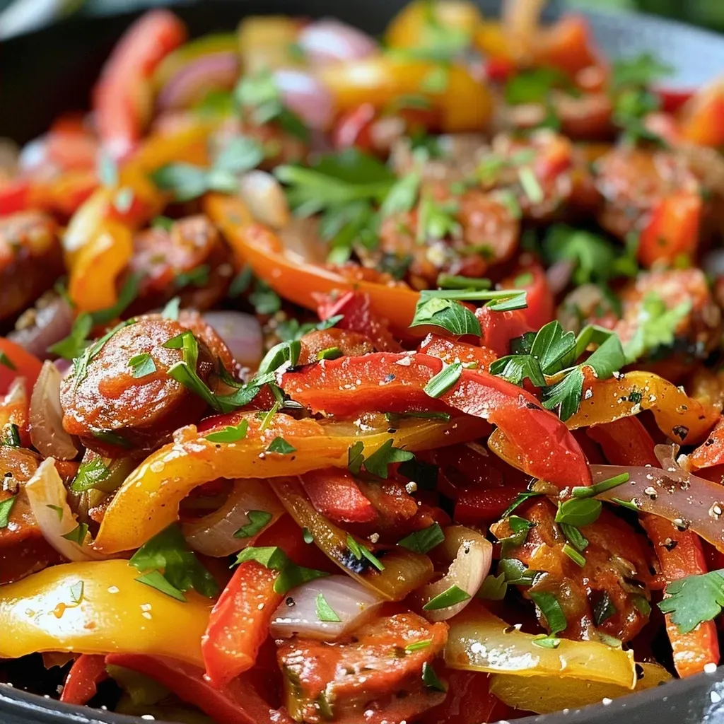 ['Close-up view of slow cooker peppers and sausage with vibrant colors and textures.', 'Dish of slow-cooked sausage and bell peppers featuring a variety of bright bell pepper strips.', 'Juicy Italian sausage and bell peppers in a rich marinara sauce presented in a slow cooker.', 'Side view of a hearty meal showcasing sausage and peppers, garnished with fresh parsley.']