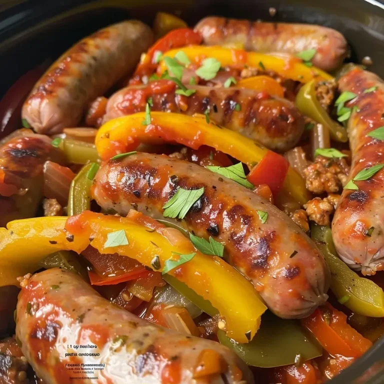 ['Close-up of juicy sausage with bell peppers and onions in a slow cooker.', 'Side view of slow-cooked sausage, colorful peppers, and onions prepared in a pot.', 'Mouthwatering sausage and mixed peppers, simmering in a slow cooker.', 'Delicious slow-cooked sausage and peppers served in a bowl.']