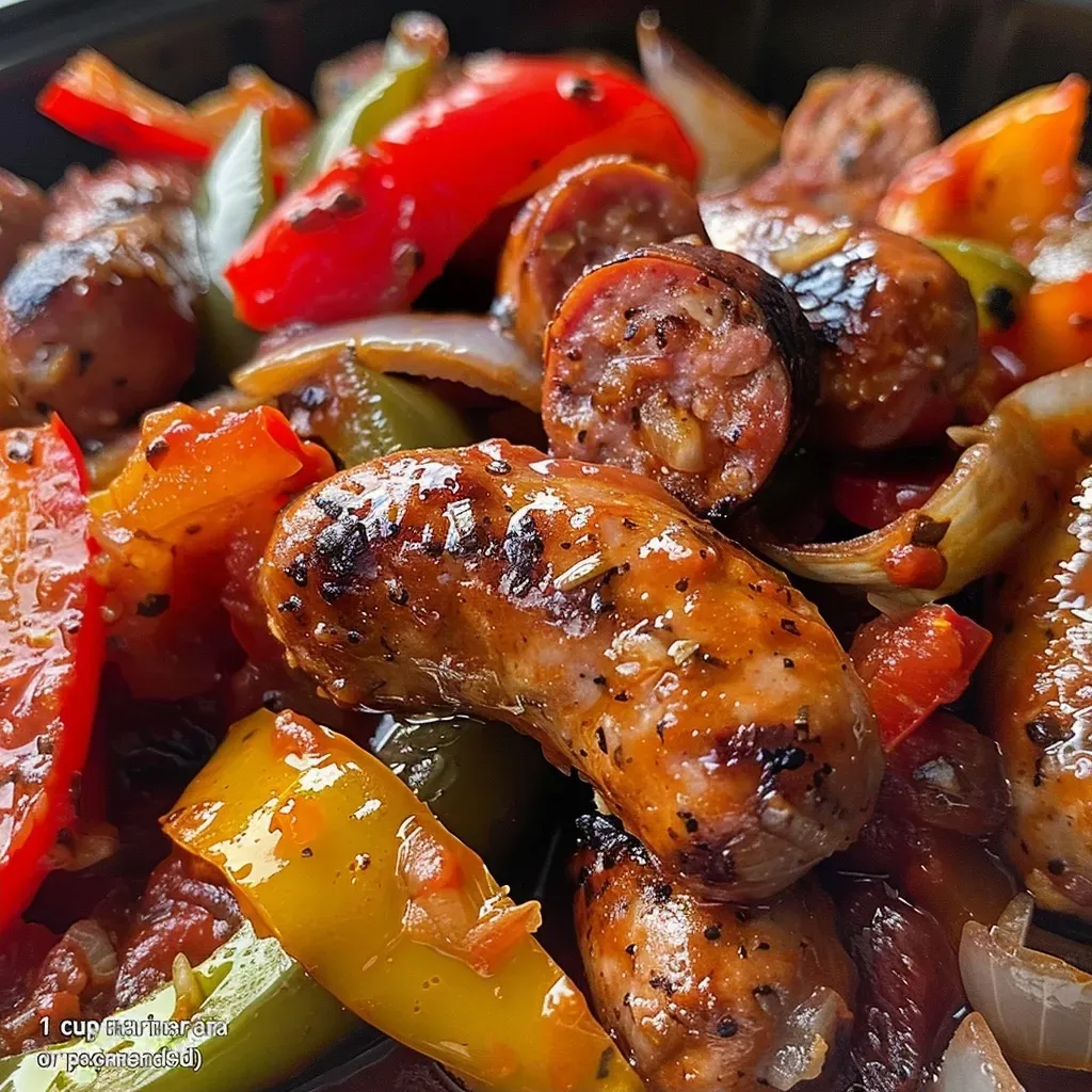 ['Close-up of juicy sausage with bell peppers and onions in a slow cooker.', 'Side view of slow-cooked sausage, colorful peppers, and onions prepared in a pot.', 'Mouthwatering sausage and mixed peppers, simmering in a slow cooker.', 'Delicious slow-cooked sausage and peppers served in a bowl.']
