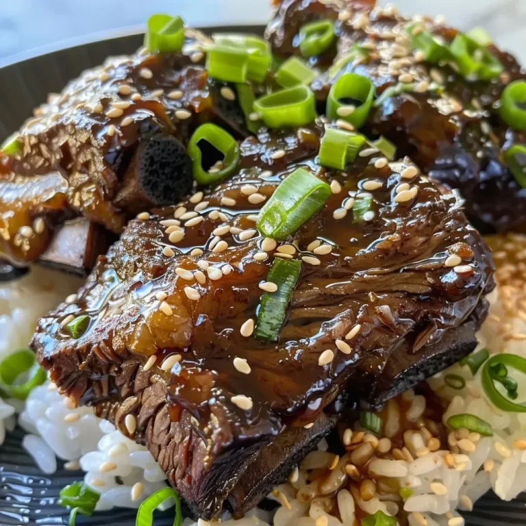 ['Juicy slow cooker short ribs garnished with green onions and sesame seeds.', 'Close-up of tender beef short ribs served in a bowl with a rich sauce.', 'Flavorful slow-cooked short ribs with garnishes, showcasing their tenderness.', 'A side view of succulent short ribs with glistening sauce and fresh toppings.']