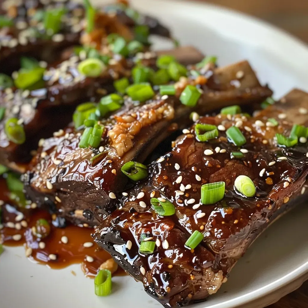 Juicy slow cooker short ribs garnished with green onions and sesame seeds.