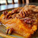 ['Close-up of a slow-cooker sweet potato casserole topped with bourbon pecans.', 'Side view of a delicious sweet potato casserole with a crunchy pecan topping.', 'Juicy sweet potato casserole garnished with bourbon-soaked pecans in a slow cooker.', 'Rich sweet potato casserole served in a bowl, featuring a crunchy pecan mixture.']