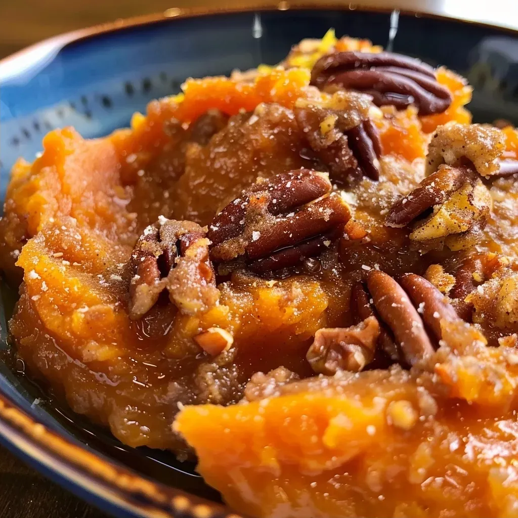 ['Close-up of a slow-cooker sweet potato casserole topped with bourbon pecans.', 'Side view of a delicious sweet potato casserole with a crunchy pecan topping.', 'Juicy sweet potato casserole garnished with bourbon-soaked pecans in a slow cooker.', 'Rich sweet potato casserole served in a bowl, featuring a crunchy pecan mixture.']