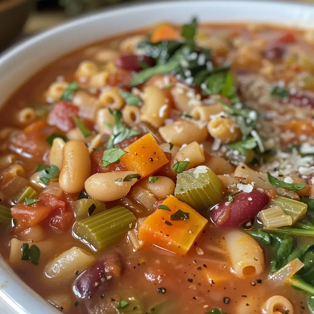 ['Close-up view of a bowl of colorful vegetarian minestrone soup with fresh vegetables.', 'Side perspective of a hearty slow cooker minestrone, showcasing beans and greens.', 'Delicious slow cooker vegetarian minestrone filled with vibrant vegetables and pasta.', 'A comforting bowl of minestrone soup featuring fresh spinach and tomatoes.']