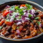 ['Close-up of a vibrant bowl of Smoky Vegetarian Black Bean Chilli with beans and colorful peppers.', 'Side view of a hearty Smoky Vegetarian Black Bean Chilli, showcasing its rich texture and ingredients.', 'Juicy vegetarian chili packed with black beans, red peppers, and spices, displayed in a rustic bowl.', 'Delicious Smoky Vegetarian Black Bean Chilli filled with colorful vegetables, ready to be served.']