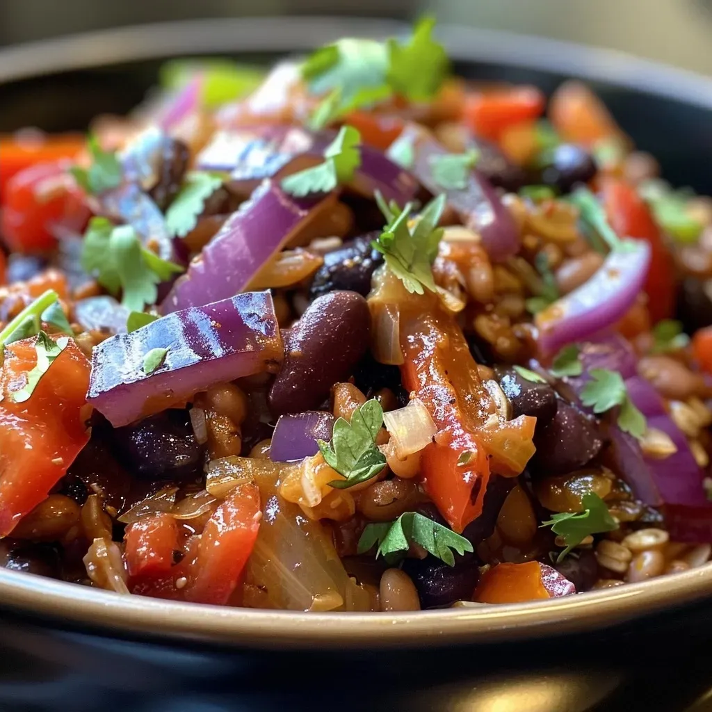 ['Close-up of a vibrant bowl of Smoky Vegetarian Black Bean Chilli with beans and colorful peppers.', 'Side view of a hearty Smoky Vegetarian Black Bean Chilli, showcasing its rich texture and ingredients.', 'Juicy vegetarian chili packed with black beans, red peppers, and spices, displayed in a rustic bowl.', 'Delicious Smoky Vegetarian Black Bean Chilli filled with colorful vegetables, ready to be served.']