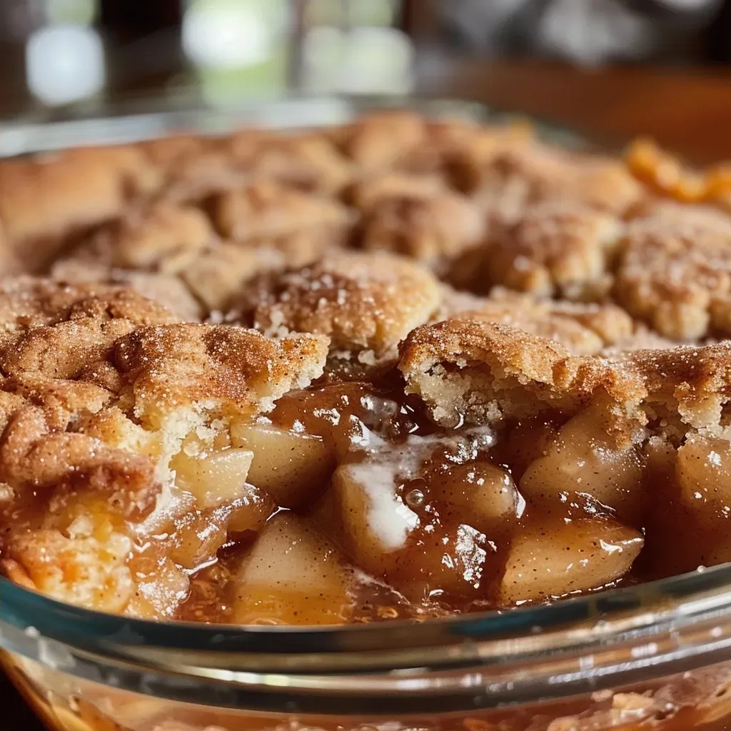 ['Close-up view of a freshly baked Snickerdoodle Cobbler with a golden crust and apple pie filling.', 'Side profile of a delicious Snickerdoodle Cobbler served with vanilla ice cream.', 'Juicy Snickerdoodle Cobbler showcasing its soft texture and caramel drizzle.', 'Warm Snickerdoodle Cobbler topped with cinnamon sugar and served in a dish.']