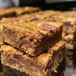 ['Close-up of a golden-brown Snickers Bar Blondie, showcasing its chewy texture and chopped Snickers pieces.', 'Side view of luxurious Snickers Bar Blondies, with visible bits of chocolate and caramel throughout.', 'Mouthwatering Snickers Bar Blondies, highlighting the glossy top and scattered mini Snickers chunks.', 'Deliciously baked blondies featuring Snickers Bars, displaying a rich, inviting color and crumbly surface.']